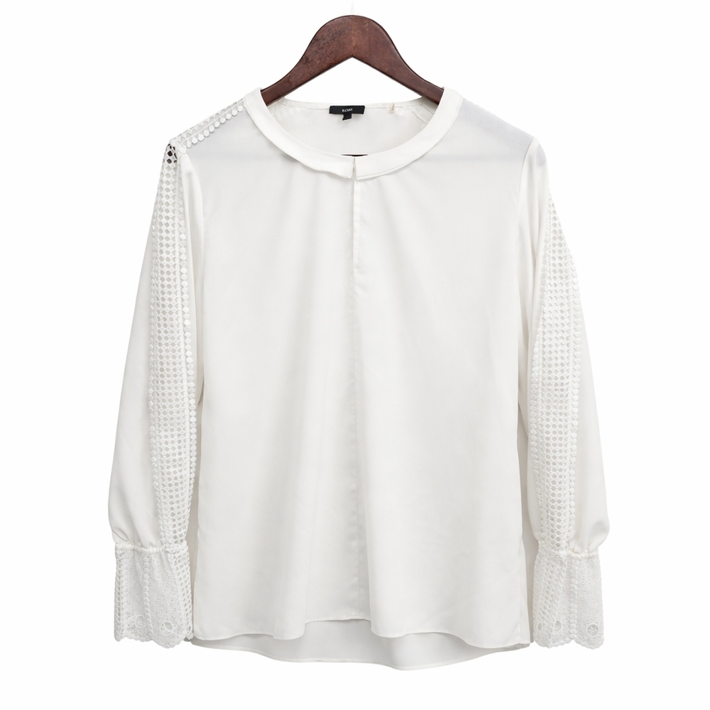 Kobi Halperin White Silk Lace Sleeve Blouse Sheer Crochet Trim Quiet Luxury Sz L